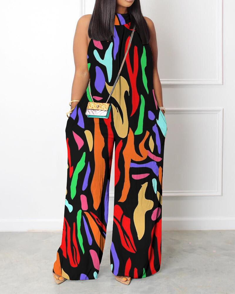 

Multicolor Abstract Print Sleeveless Wide Leg Jumpsuit