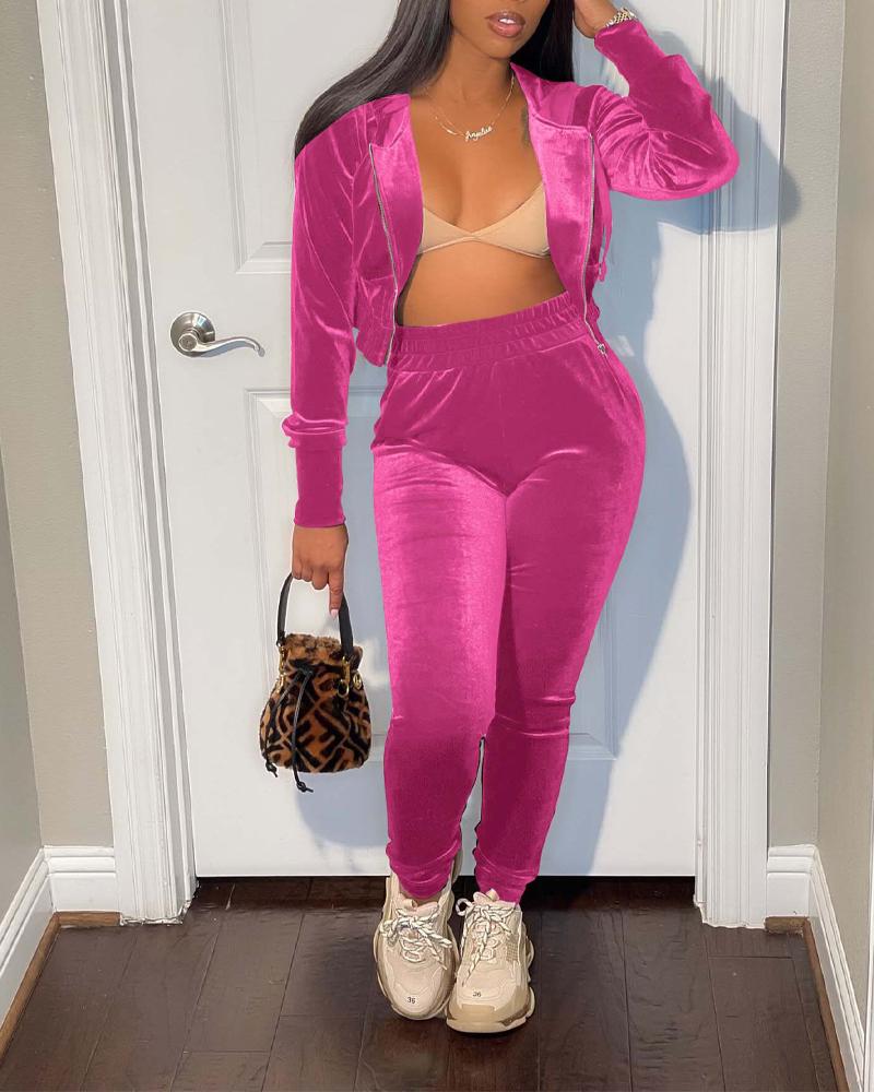 

Velvet Zip Front Hooded Top & Pants Set, Hot pink