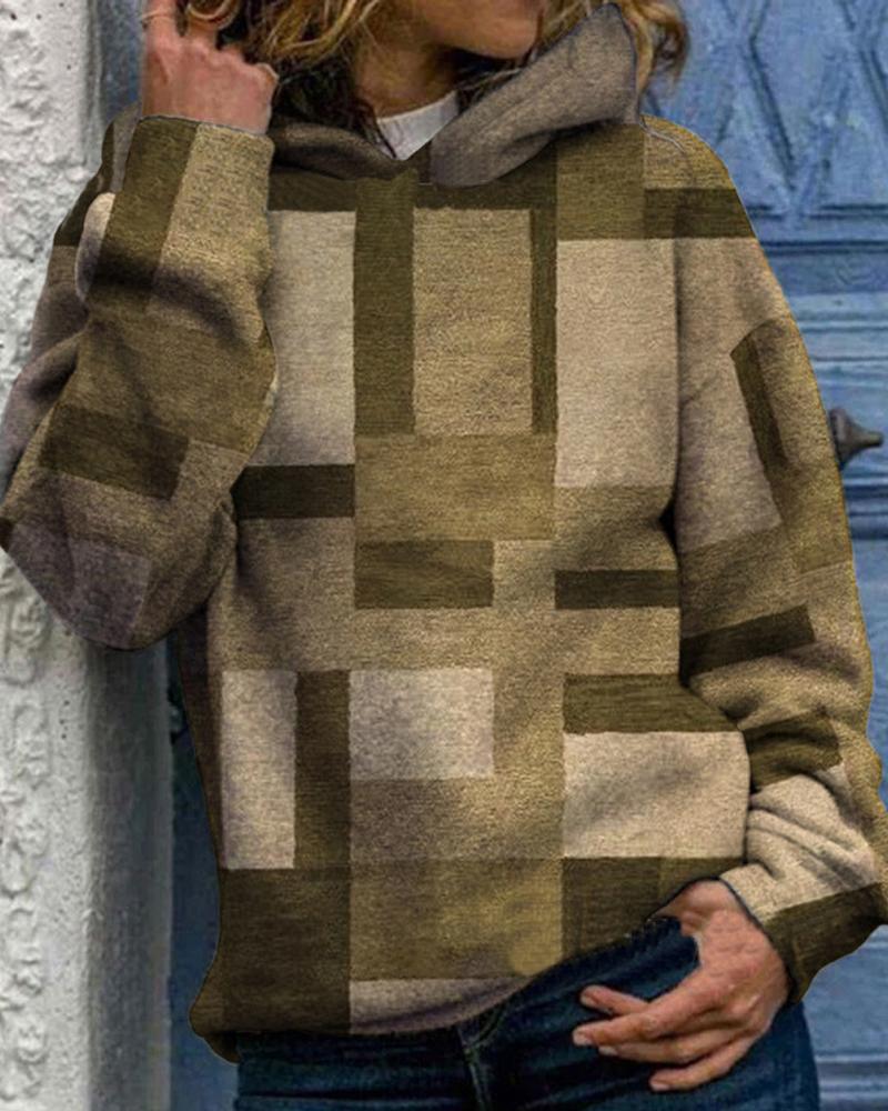 

Geometric Print Long Sleeve Casual Hoodie, Khaki