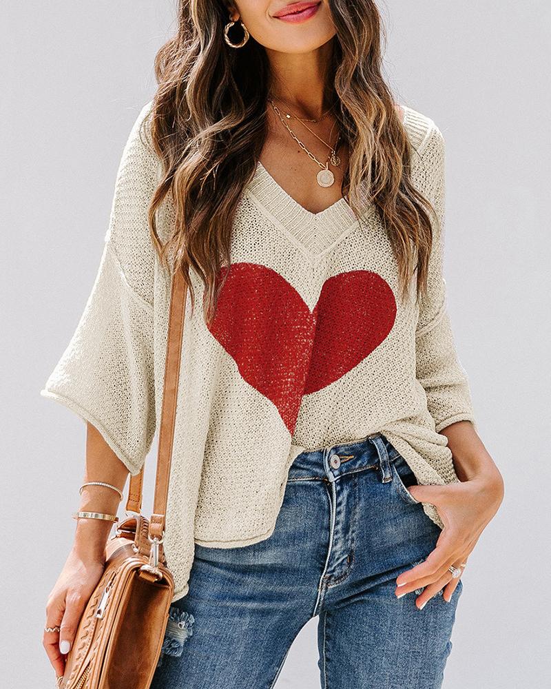 

Batwing Sleeve Heart Pattern Long Sleeve Knit Sweater, Apricot