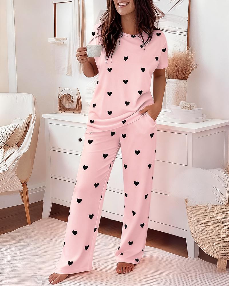 

Conjunto de pijama holgado informal con estampado de corazones para San Valentín, conjunto de 2 piezas con top de manga corta y pantalones con cintura elástica y cuello redondo., Pink