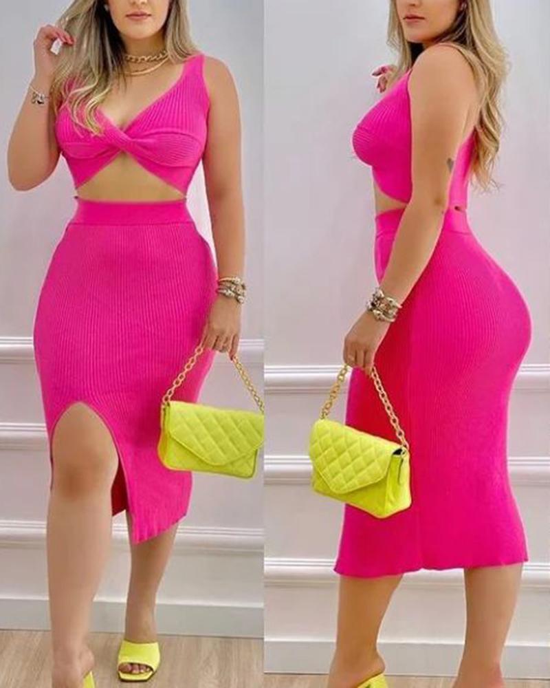 

Twisted Knit Top & Slit Skirt Set, Hot pink
