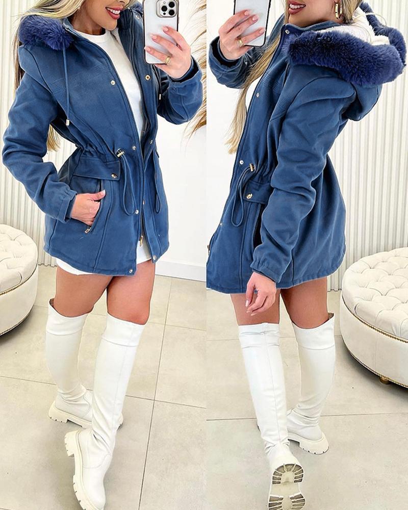 

Faux Fur Patch Lined Hooded Parka Coat, Blue