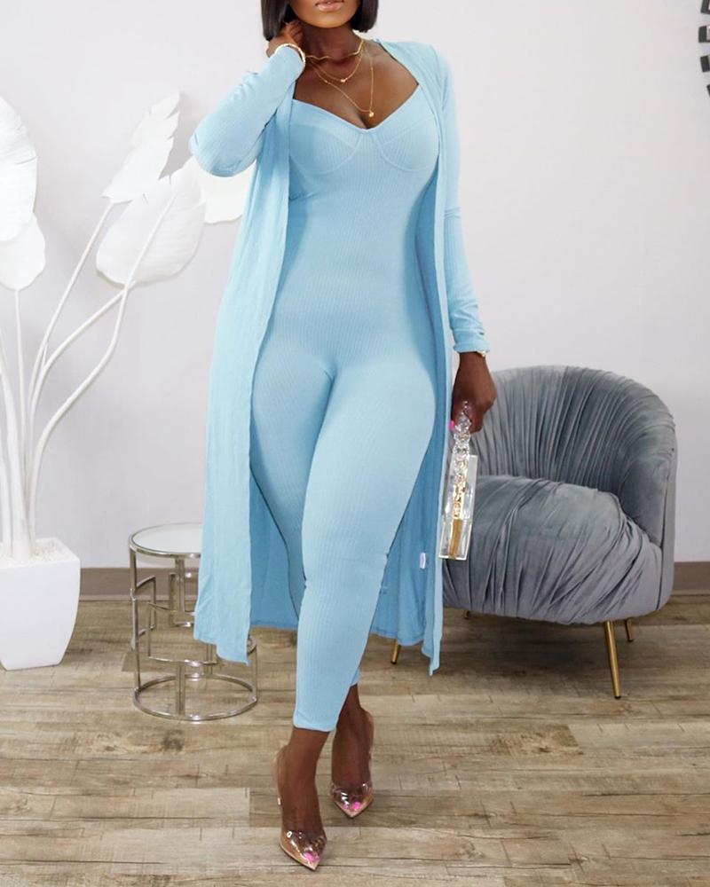 

Ribbed Plain Skinny Jumpsuit & Longline Coat Set, Blue