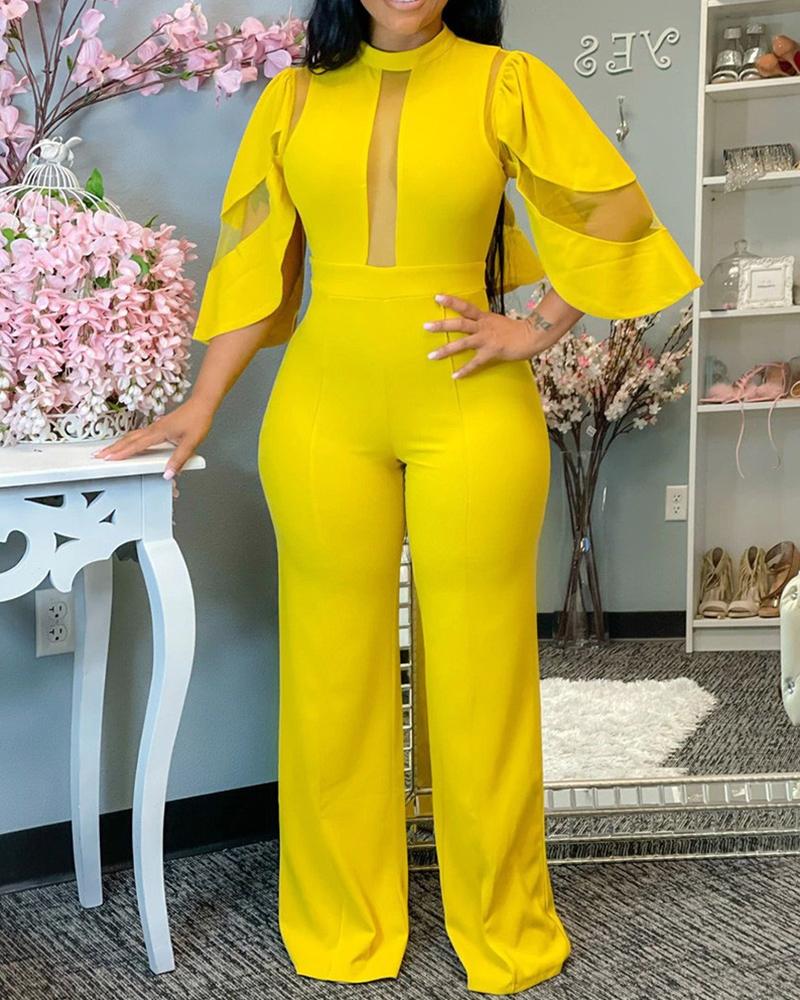 

Plus Size Contrast Mesh Zip Back Jumpsuit, Yellow