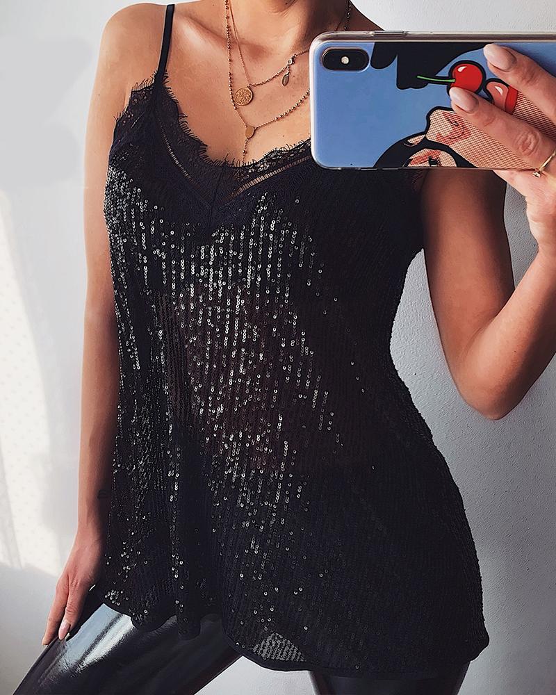 

Glitter Spaghetti Strap Eyelash Lace Women Blouse, Black