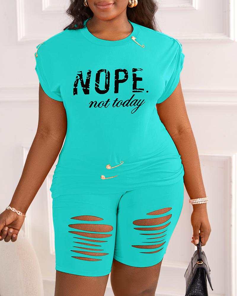 

Nope Not Today Print Casual Top & Shorts Set, Turquoise blue