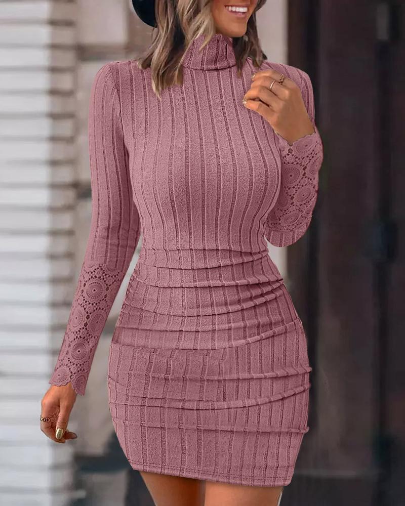 Lace Patch Turtleneck Ribbed Bodycon Dress