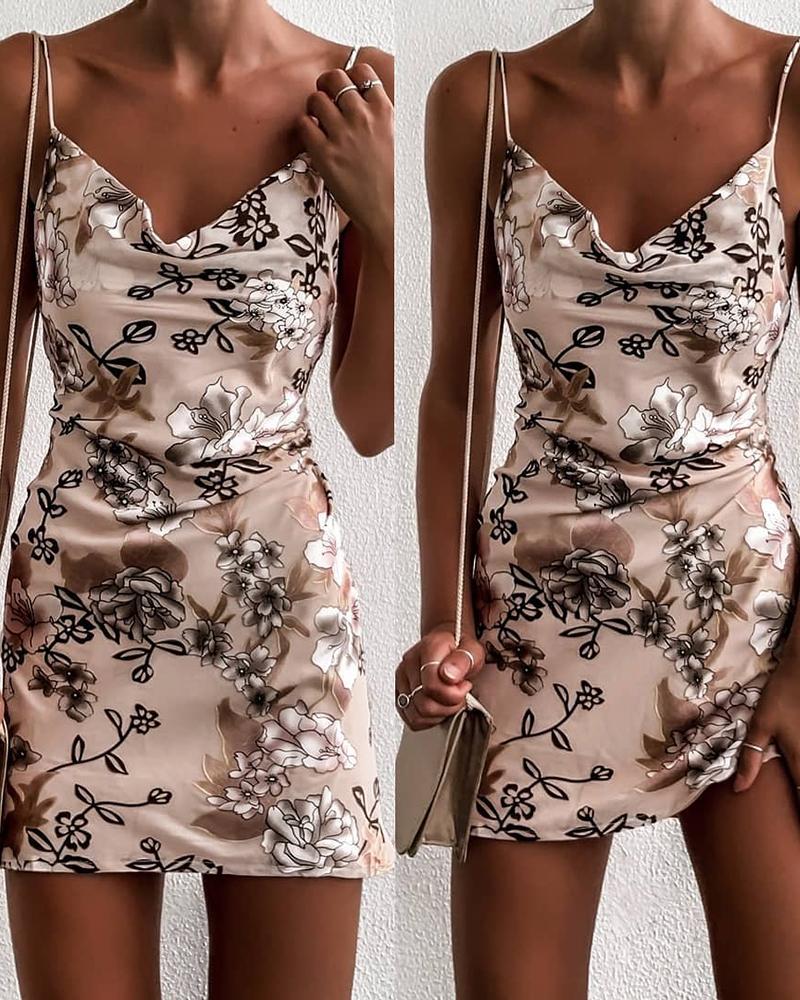 

Cowl Neck Spaghetti Strap Floral Print Bodycon Dress, Champagne