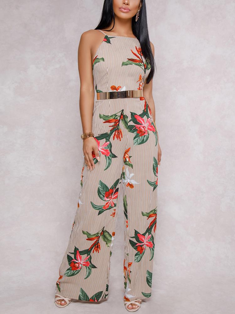 

Floral Printed Halter Open Back Casual Wide Leg Jumpsuit, Coffee