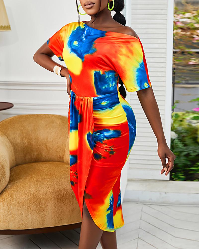

Tie Dye Print Ruched Slit Casual Dress, Multicolor