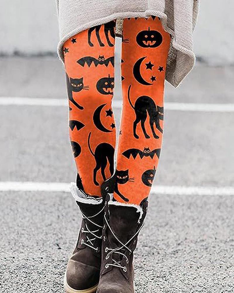 

Halloween Pumpkin Cat Graphic Print Skinny Leggings, Orange