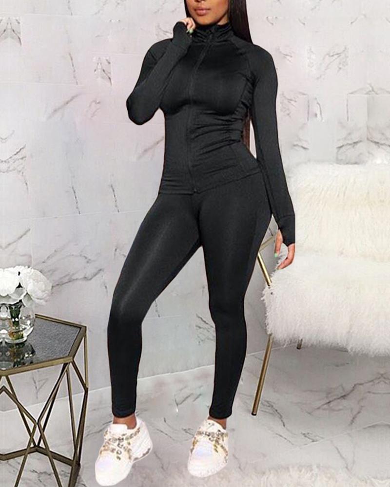 

Long Sleeve Zip Up Top & Pants Set, Black