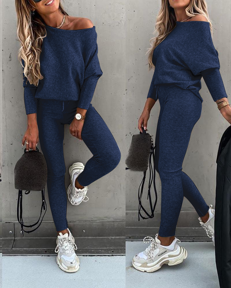 

Long Sleeve Top & High Waist Drawstring Pants Set, Blue