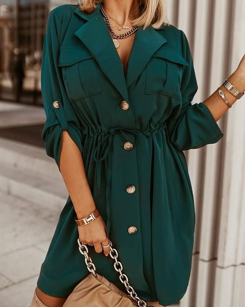 

Pocket Design Long Sleeve Buttoned Shirt Dress, Dark green