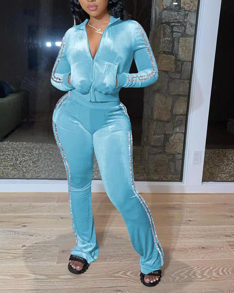 

Velvet Tape Patch Zip Up Top & Pants Set, Blue