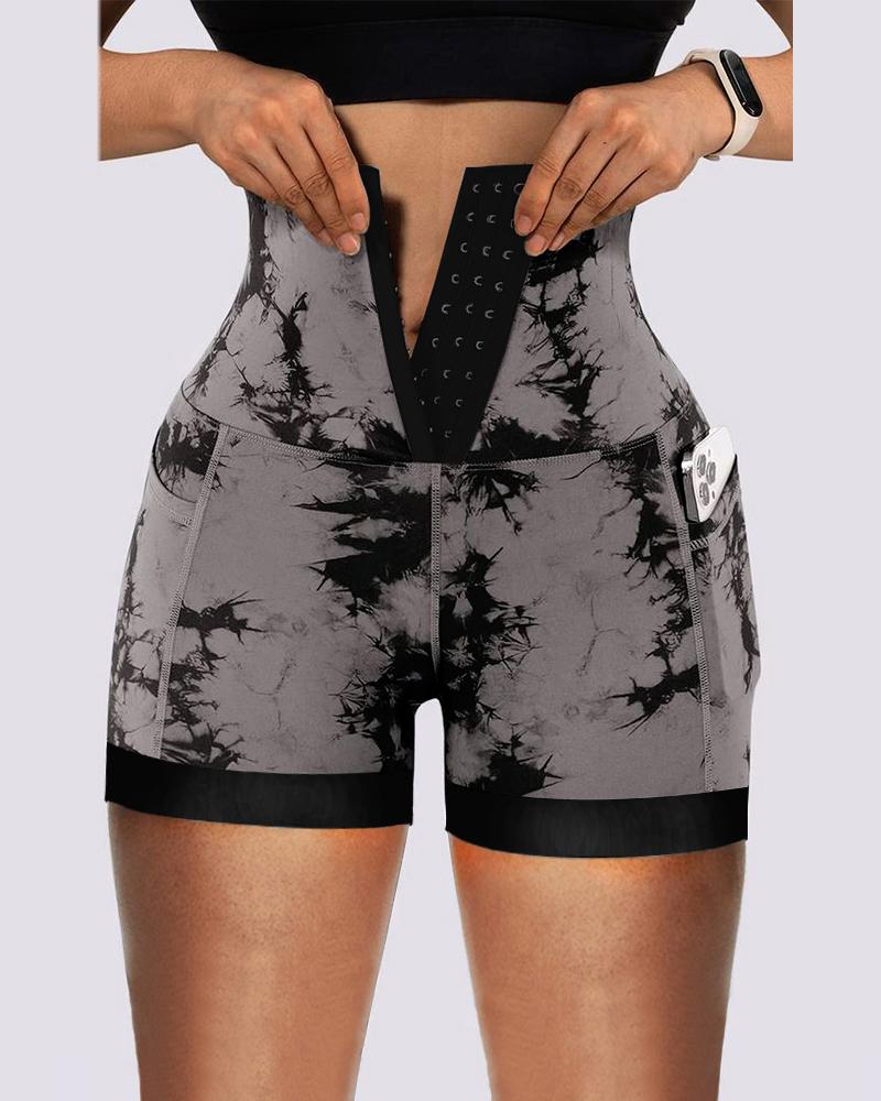 

Tie Dye Print Tummy Control Butt Lifting Pocket Design Active Shorts, Dark grey