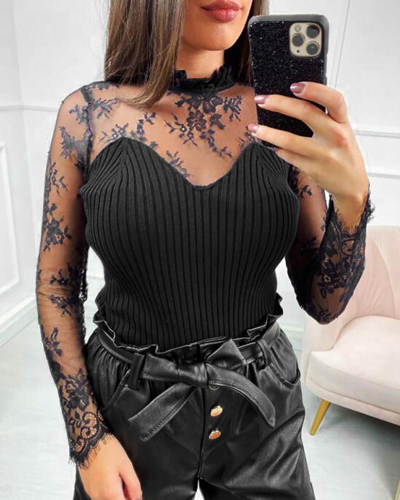 

Semi Sheer Mesh Floral Embroidery Blouse, Black