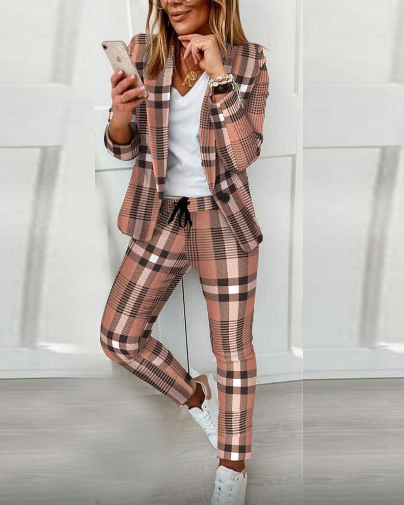 

Long Sleeve Plaid Print Blazer Coat & Drawstring Pants Set, Brown