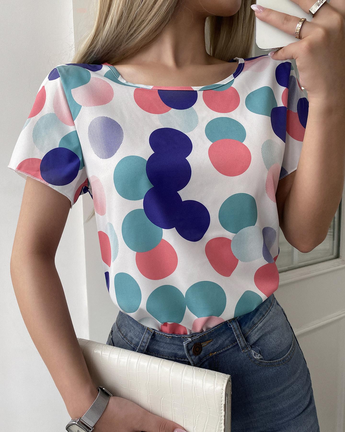 

Polkadot Print Short Sleeve Casual T-shirt, Multicolor