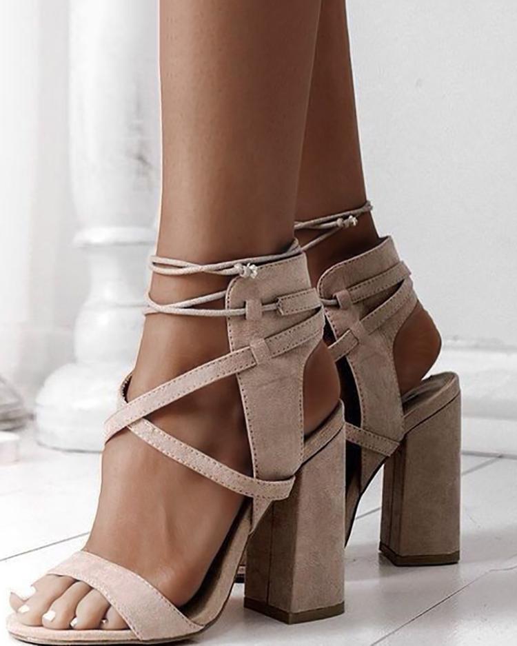 

Lace Up Open Toe Block Heels Sandals, Khaki