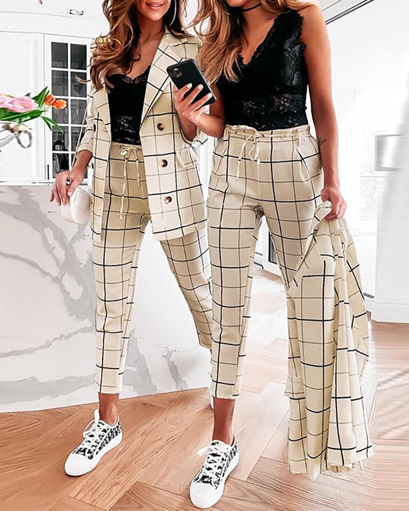 

Plaid Print Button Design Blazer Coat & Pants Set, Khaki