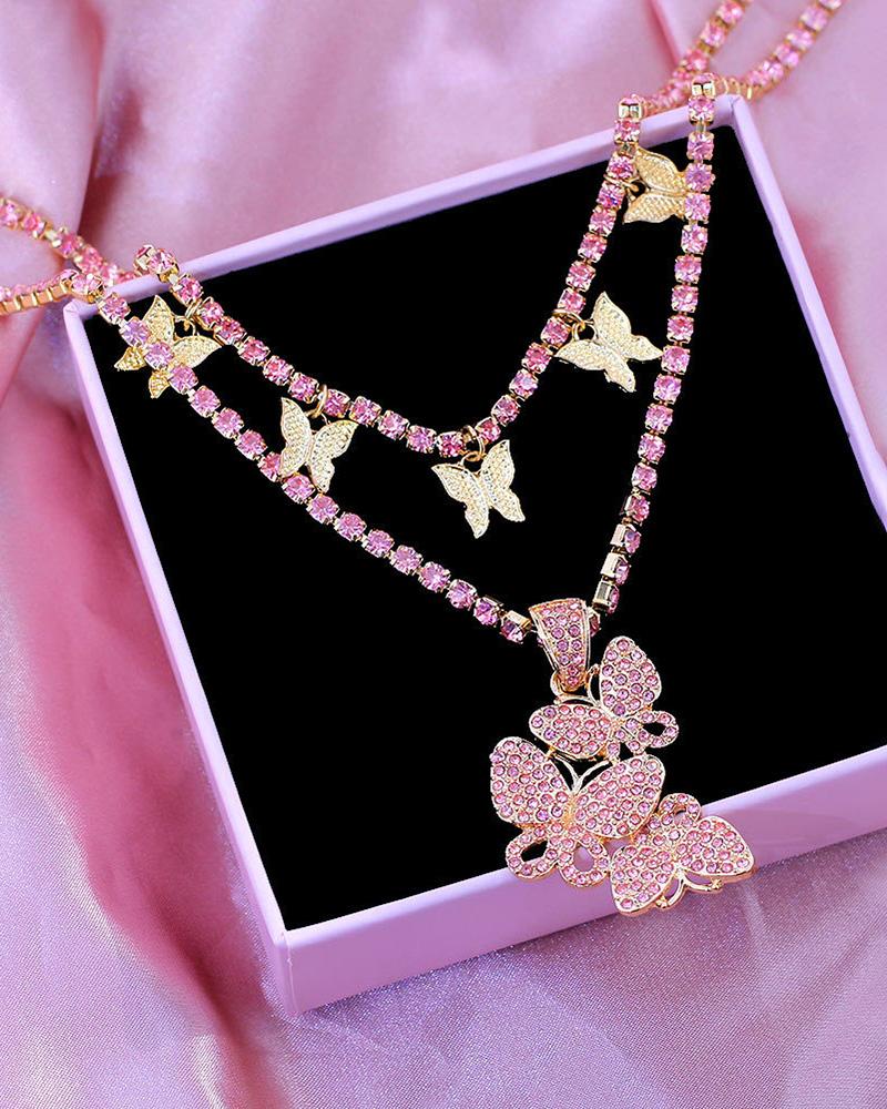 

2pcs Butterfly Pendant Rhinestone Chain Layered Necklace, Hot pink