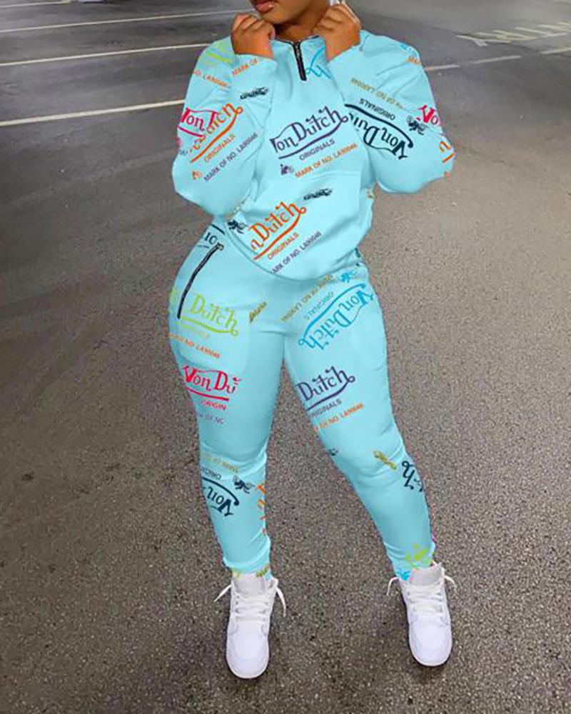 

Letter Print Zipper Design Long Sleeve Top & High Waist Pants Set, Sky blue