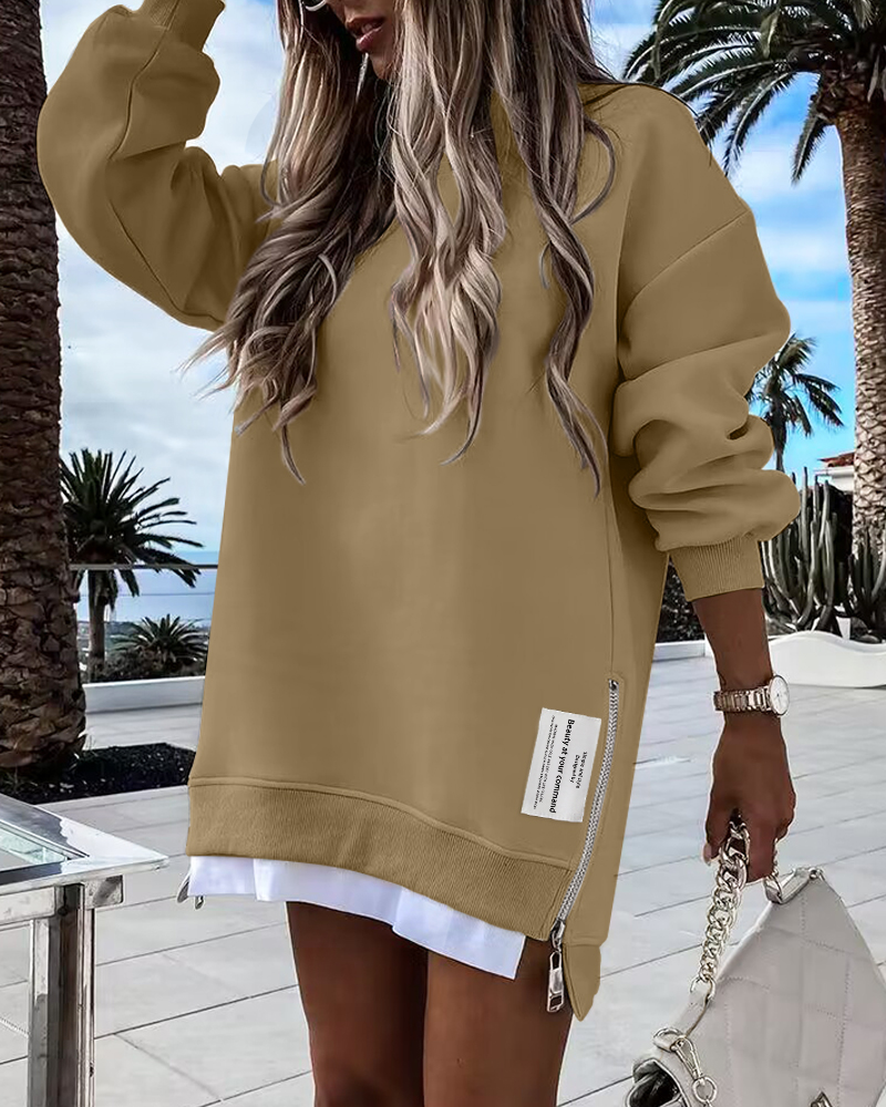 

Long Sleeve Pullover Sweatshirt Zipper Slit Casual Dress, Khaki