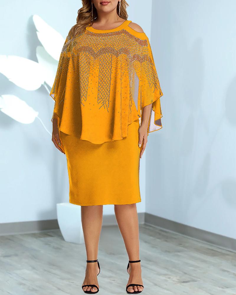 

Plus Size Rhinestone Cold Shoulder Cloak Design Midi Dress, Yellow