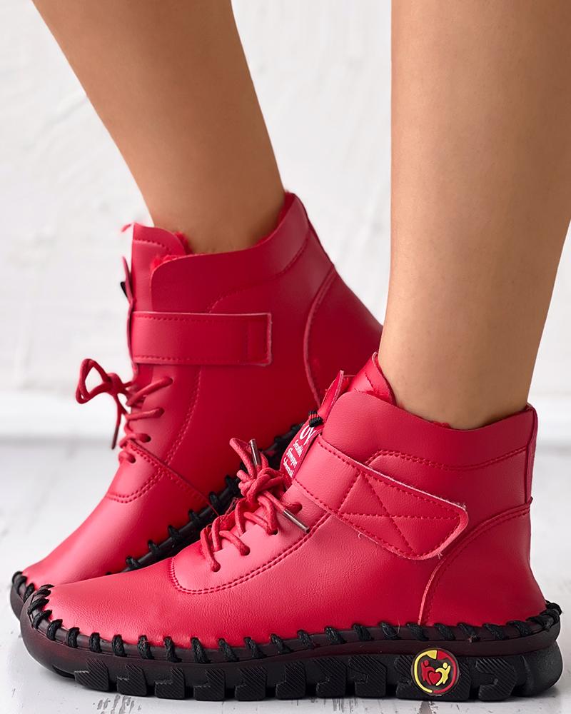 

Velcro Lace-up Martin Ankle Boots, Red