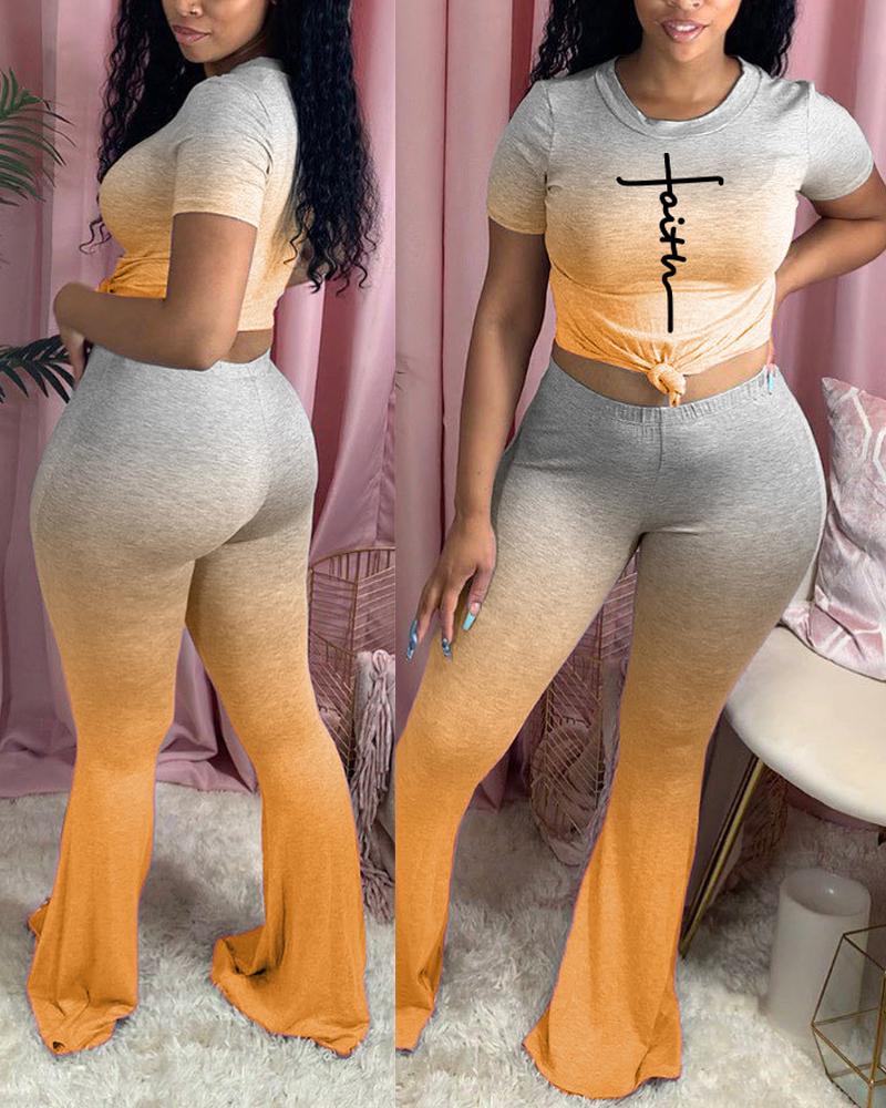 

Letter Print Ombre Top & Flared Leg Pants Set, Orange