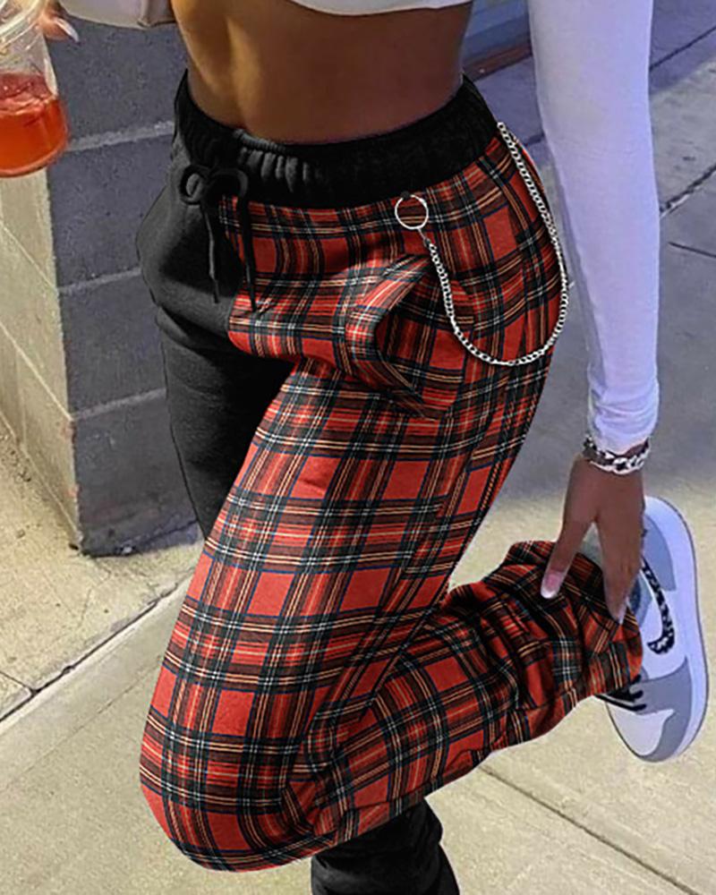 

Plaid Drawstring High Waist Fold Sweatpants, Red