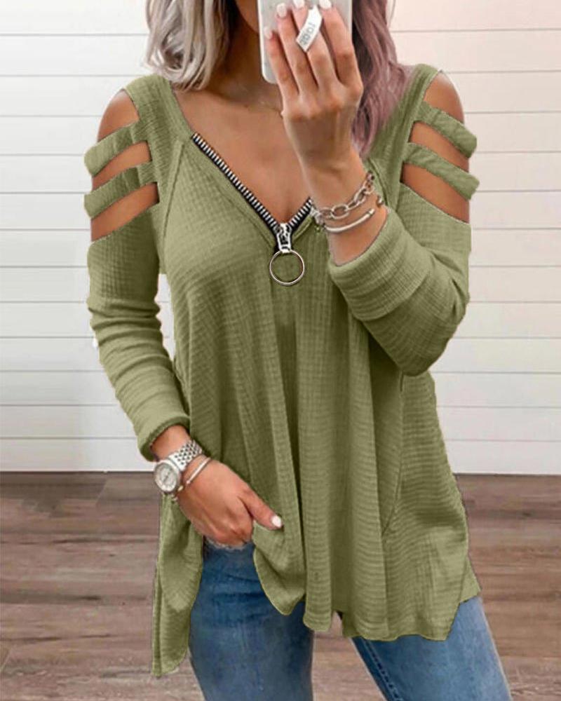 

Zipper Design Cutout Long Sleeve Top, Green