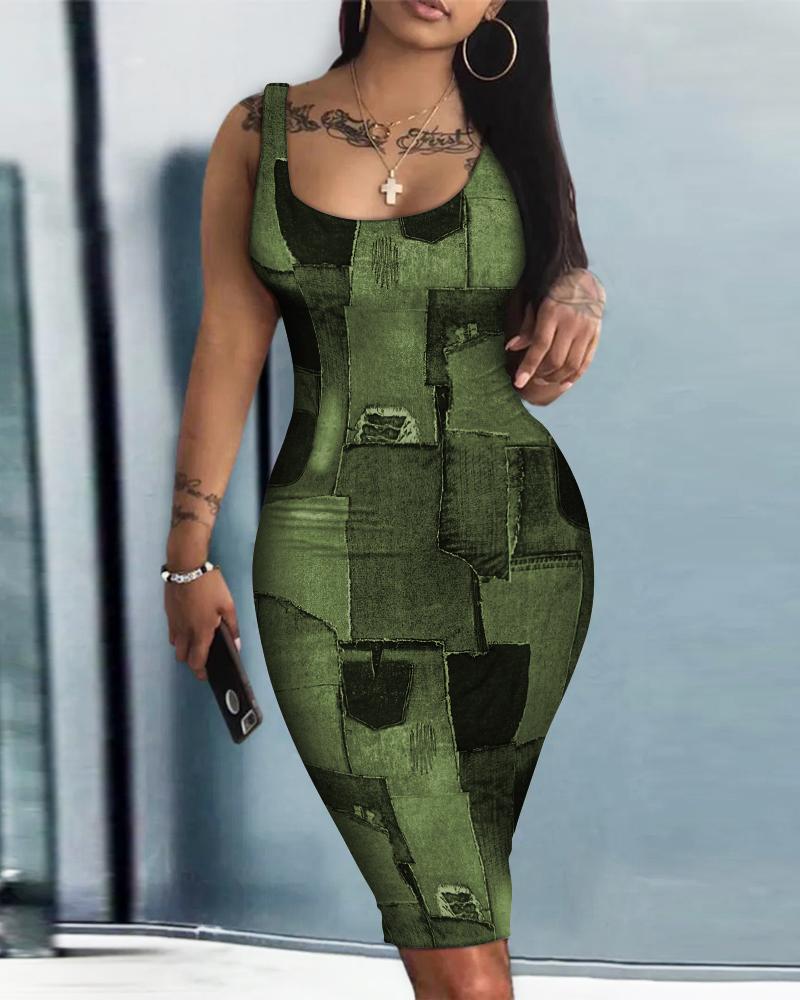 

Denim Look Print Sleeveless U-Neck Bodycon Dress, Army green