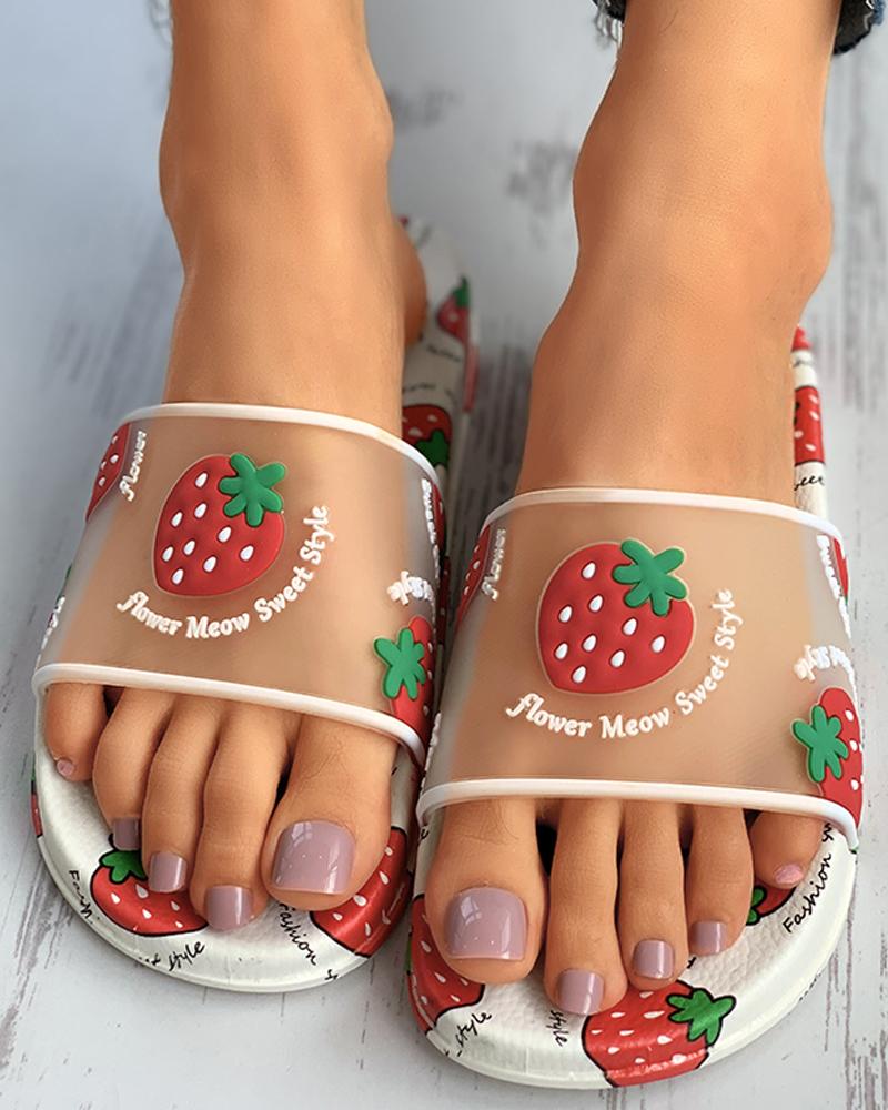 

Transparent Fruits Pattern Flat Sandals, Red