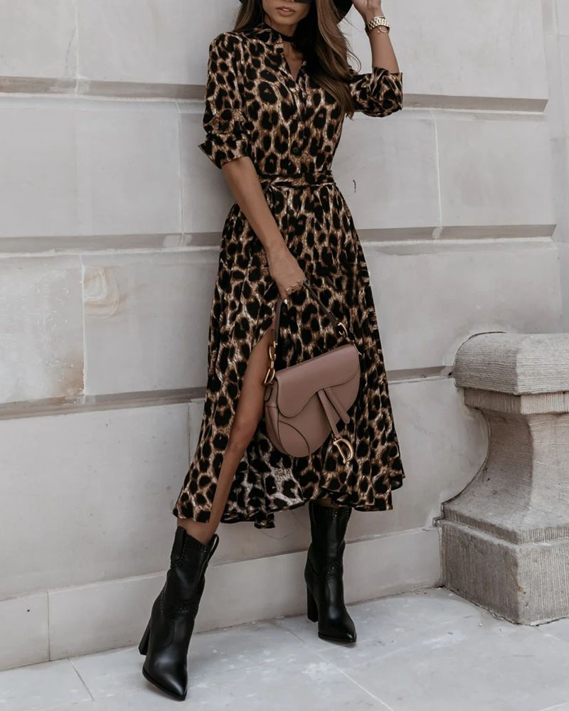

Tied Detail Leopard Print Long Sleeve Slit Dress, Black