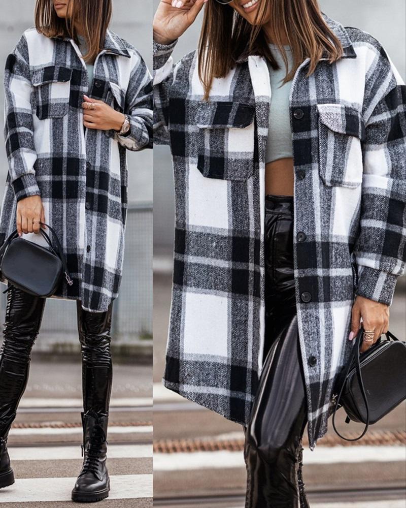 

Plaid Print Long Sleeve Button Down Shacket, Black