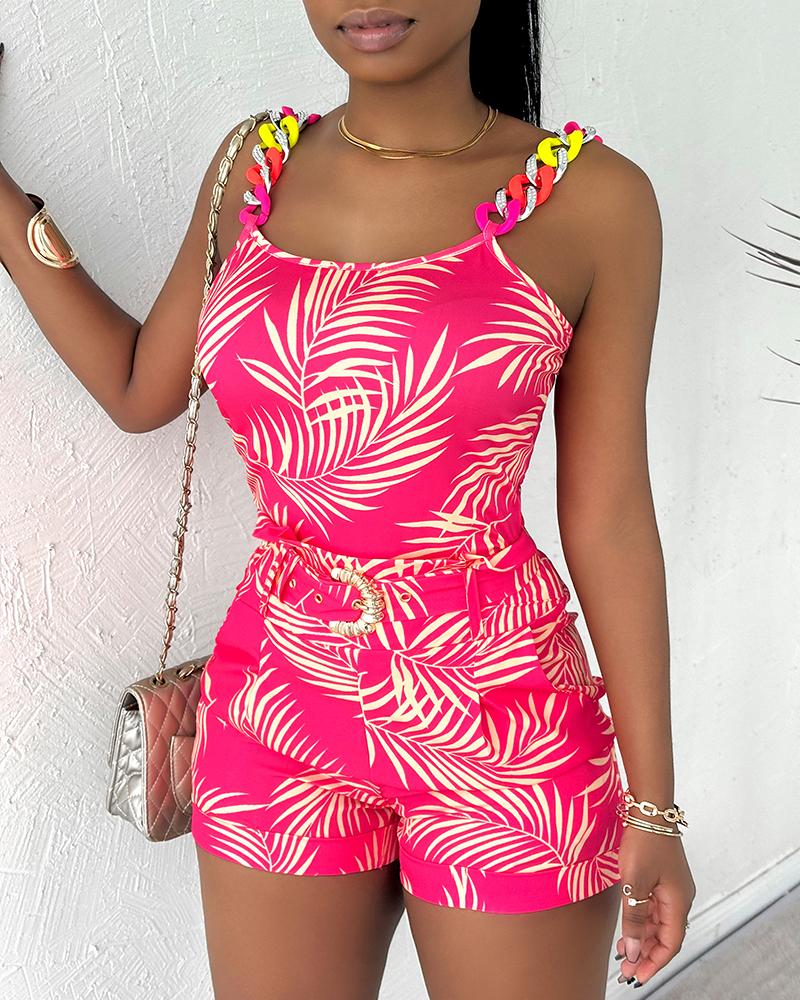 

Leaf Print Chain Strap Tank Top & Shorts Set With Belt, Hot pink