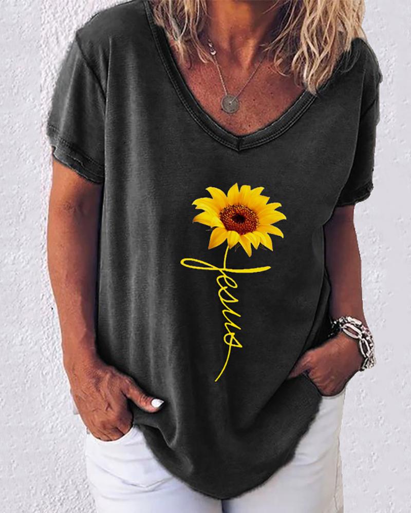 

Sunflower Print Letter Pattern Casual T-shirt, Black