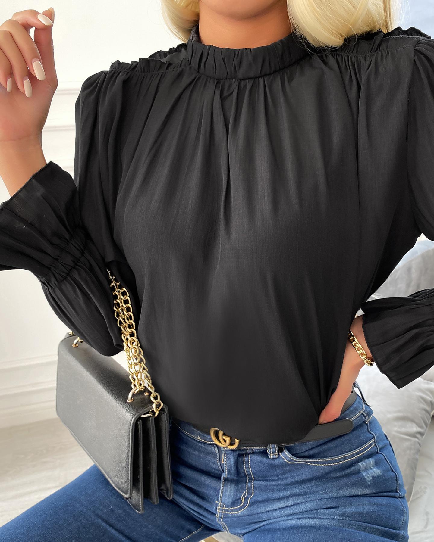 

Cutout Back Plain Long Sleeve Blouse, Black