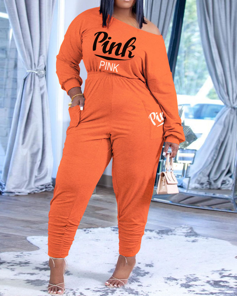 

Letter Print Long Sleeve Top & Pocket Pants Set, Orange