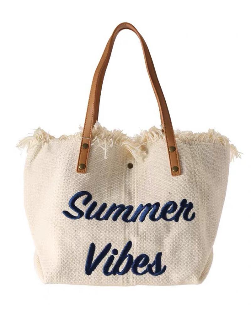 

Letter Tassel Summer Beach Canvas Tote Bag, White