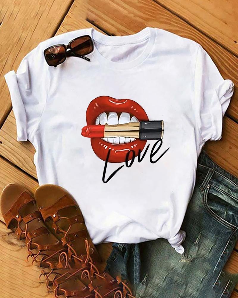 

Letter Lip Print Short Sleeve Casual T-shirt, White