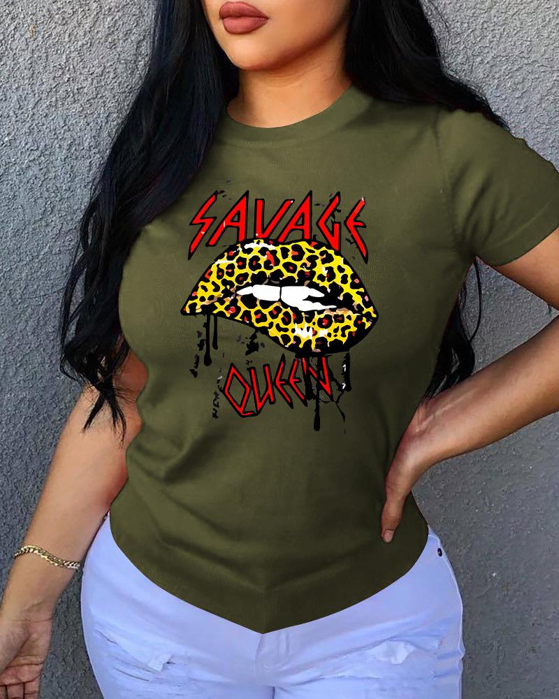 

Lip / Letter / Leopard Print O Neck T-Shirt, Green