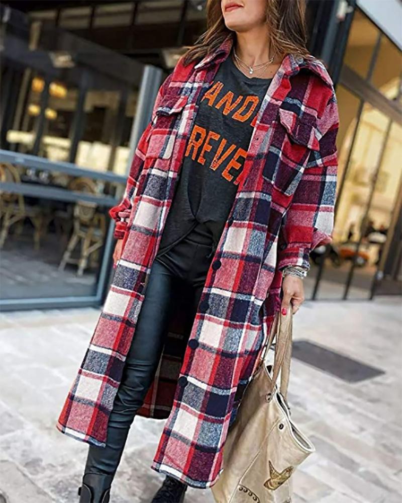 

Lantern Sleeve Plaid Print Longline Shacket, Dark red