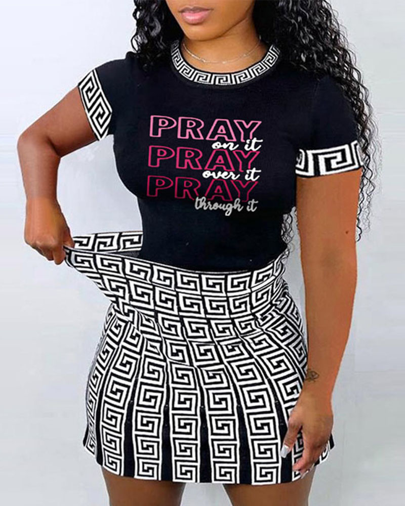 

Letter Geo Print Short Sleeve Top & Skirt Set, Black