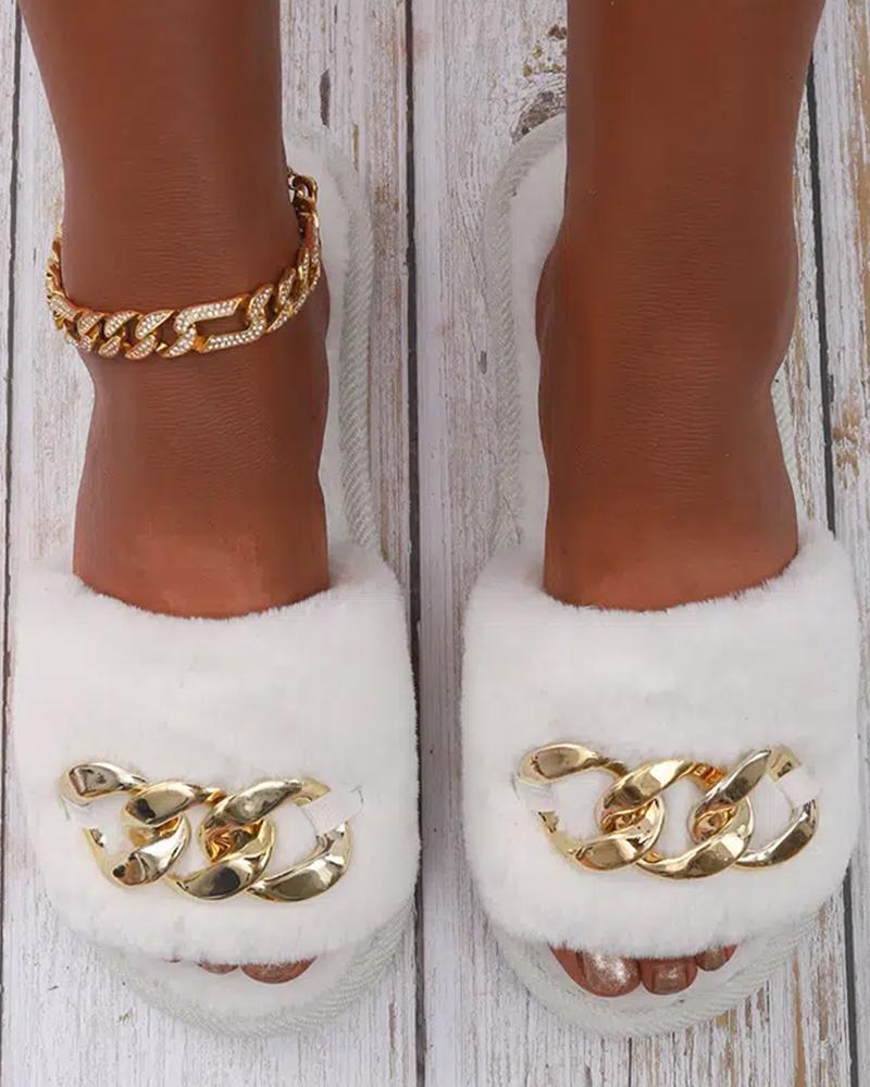 

Fuzzy Chain Decor Slippers, White