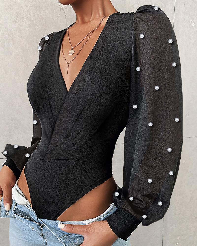 

Beaded Lantern Sleeve Bodysuit, Black