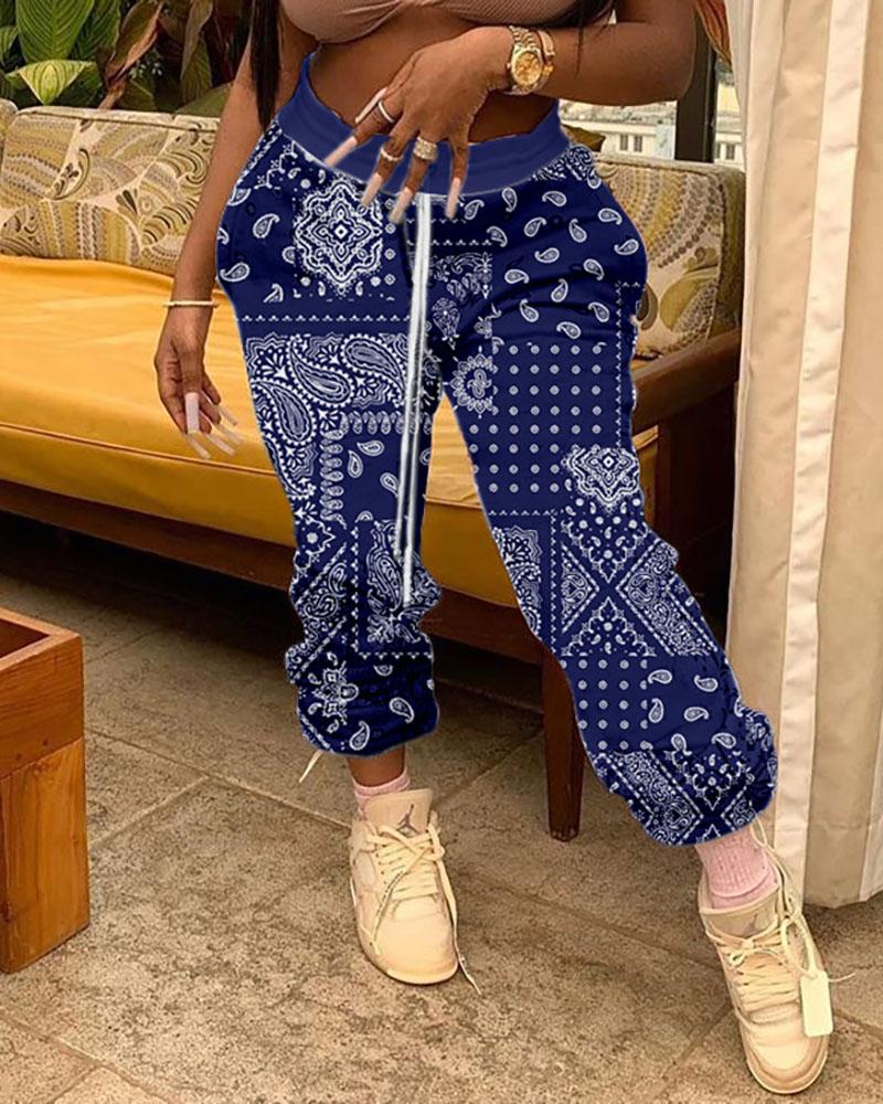 

Plus Size Paisley Print Drawstring Ruched Pants, Blue